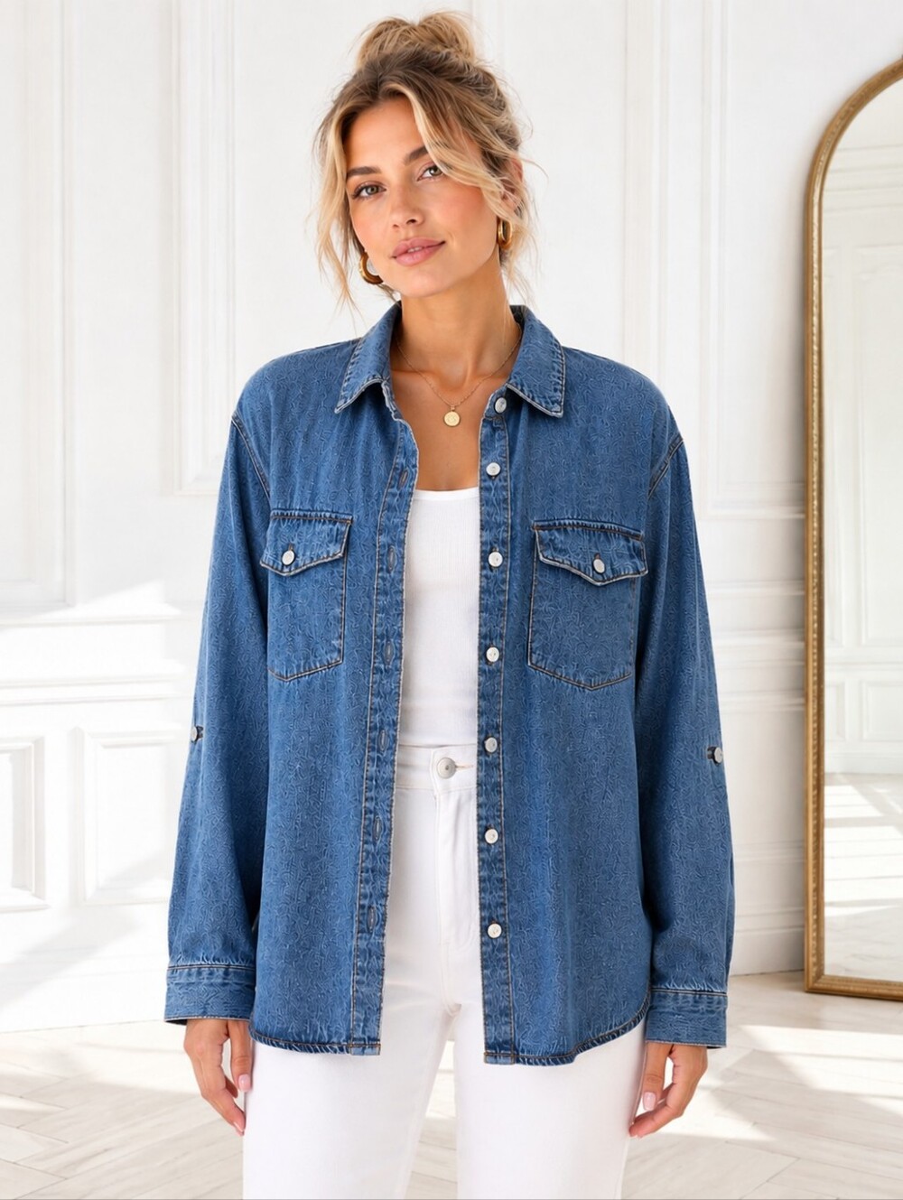 Jane + Delancey | Blue Lyocell Cotton Button-Up Shirt Jacket | Size Large - Picture 2 of 9